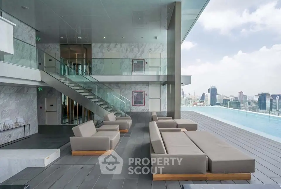 Luxurious rooftop terrace with modern seating and stunning city view