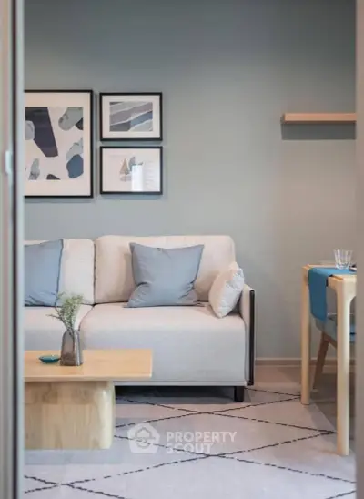 Modern living room with stylish decor and cozy seating area