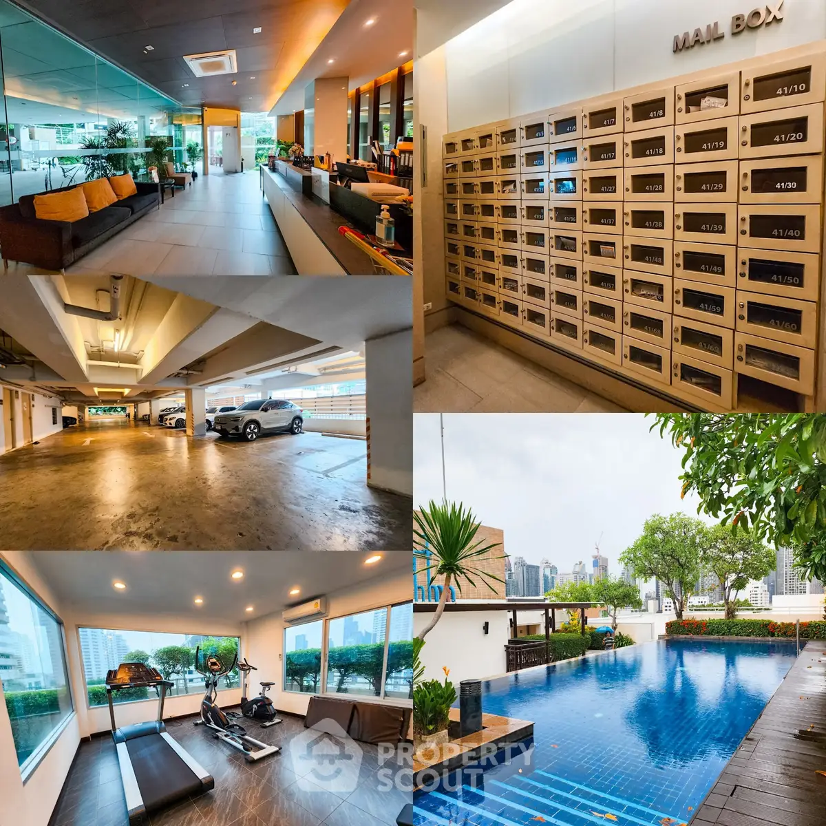 Luxurious condo amenities with pool, gym, parking, and mailboxes in prime urban location.
