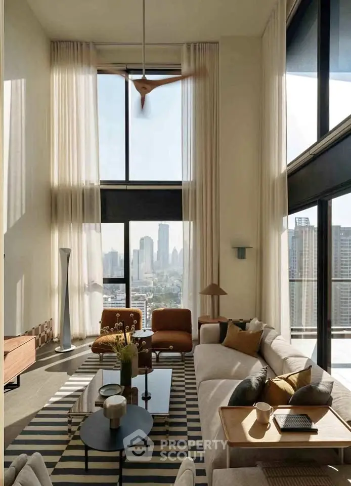 Luxurious high-ceiling living room with stunning city view and modern decor