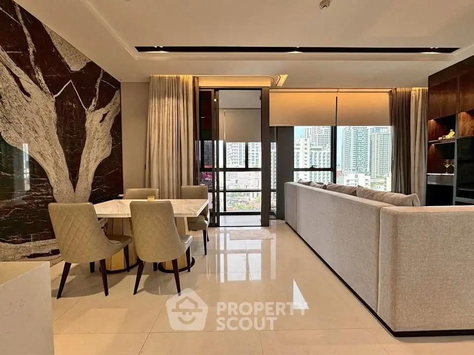 Luxurious modern living room with elegant dining area and city view