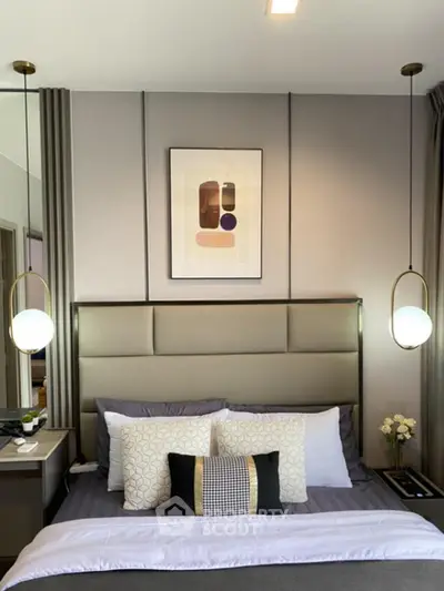 Modern bedroom with stylish decor and pendant lighting