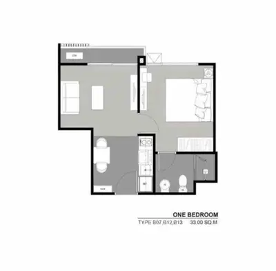 One-bedroom apartment floor plan with efficient layout and modern design.