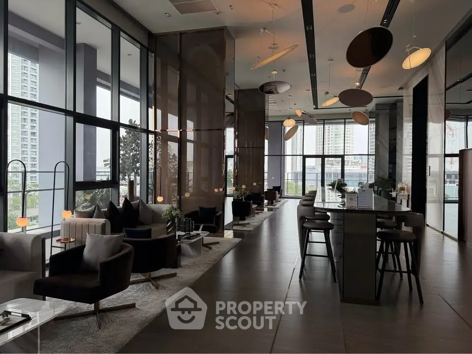 Luxurious modern living room with high ceilings and panoramic city views