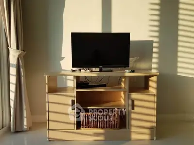 Modern living room with TV stand and natural light