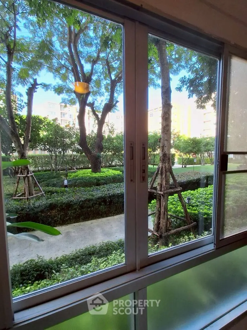 Bright garden view from a modern window in a residential area.
