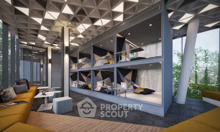 Modern library with unique geometric design and cozy seating areas.