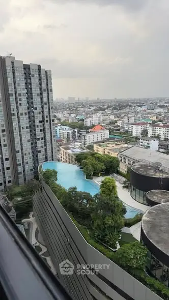 Stunning cityscape view with luxurious rooftop pool and modern high-rise buildings.