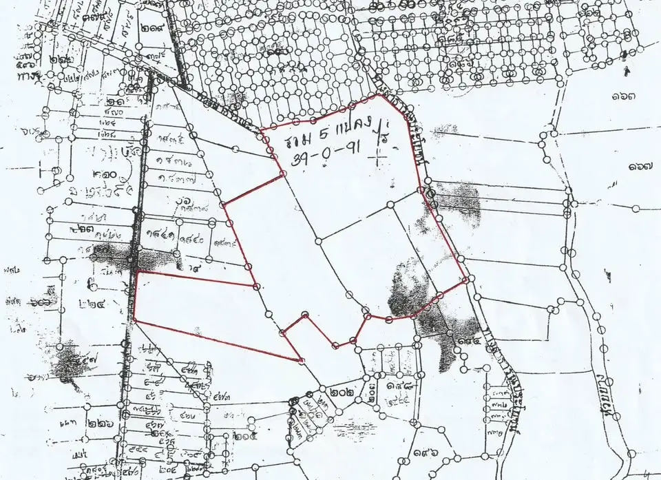 Detailed land plot map with marked boundaries and surrounding areas.