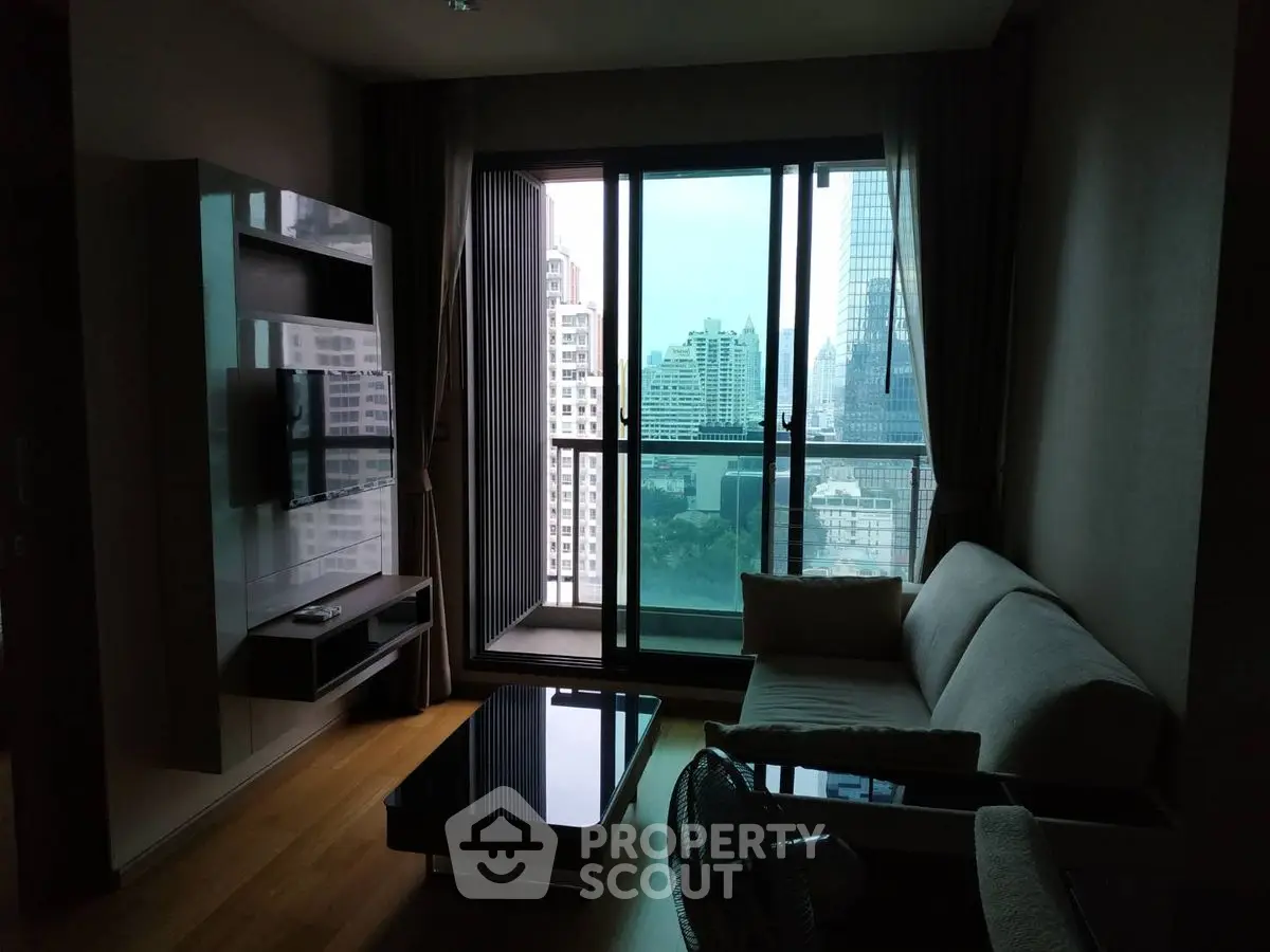 Modern living room with city view and sleek furniture in high-rise apartment