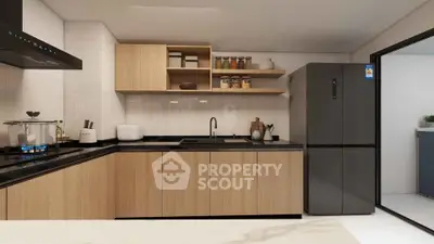 Modern kitchen with sleek black appliances and wooden cabinetry