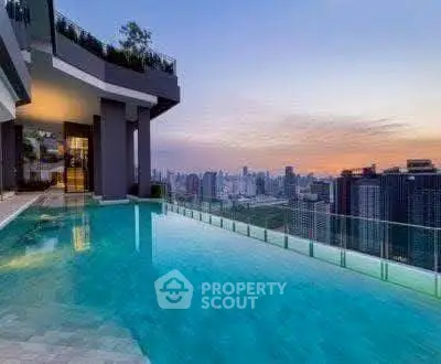 Luxurious rooftop infinity pool with stunning city skyline view at sunset.