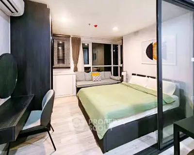 Modern bedroom with stylish decor and large windows for natural light