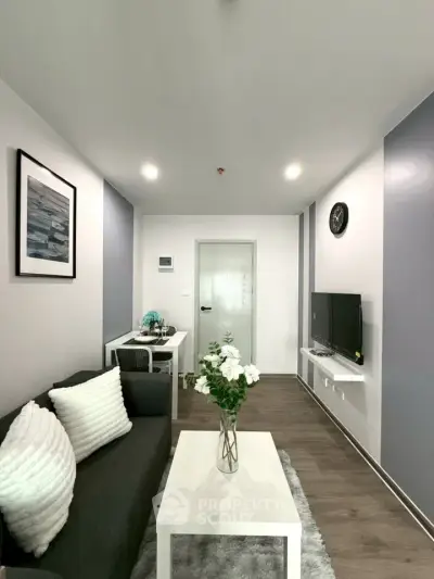 Modern living room with sleek decor and cozy ambiance