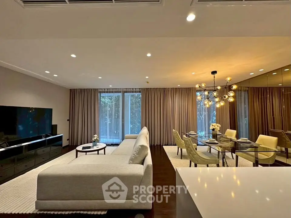 Luxurious modern living room with elegant dining area and stylish lighting