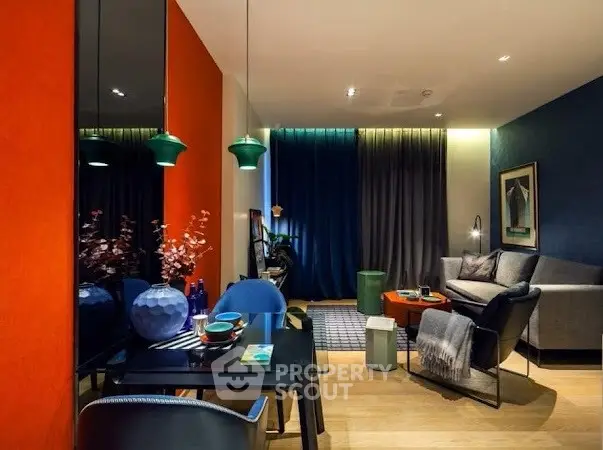 Stylish modern living room with vibrant decor and cozy seating area.