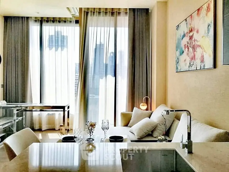 Luxurious modern living room with elegant decor and city view, perfect for urban lifestyle.