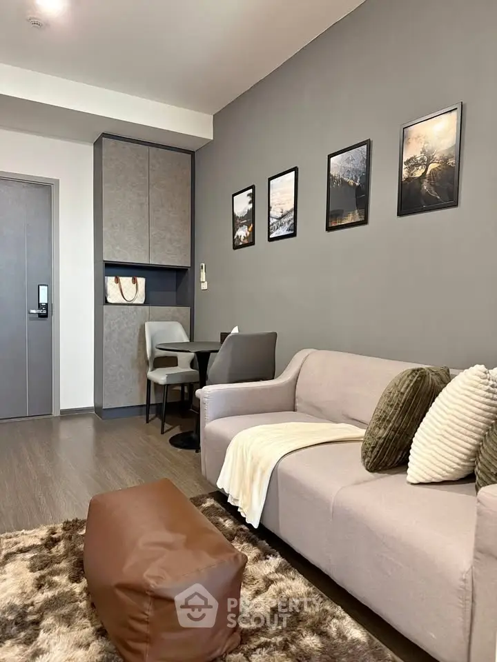 Modern living room with stylish decor and cozy seating area