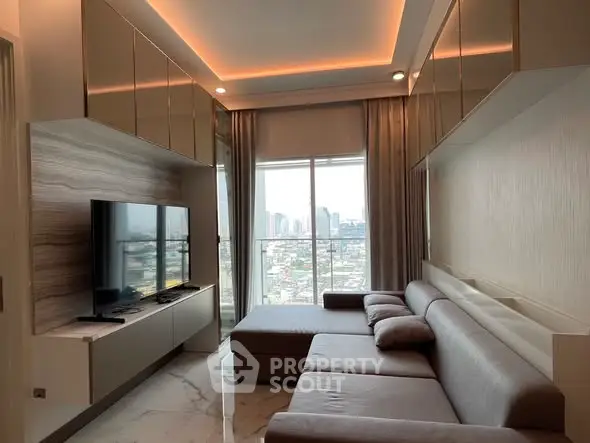 Modern living room with city view, sleek furniture, and ambient lighting.