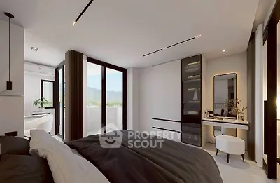 Luxurious modern bedroom with stunning mountain view and elegant decor