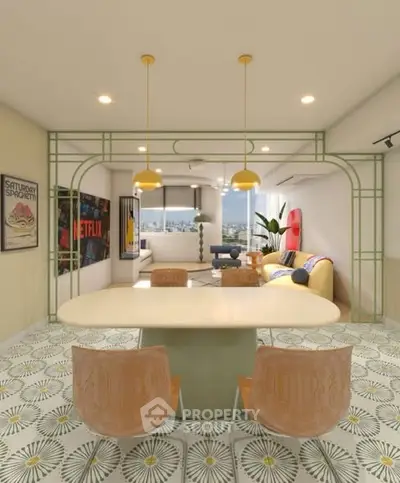 Stylish modern living room with vibrant decor and city view