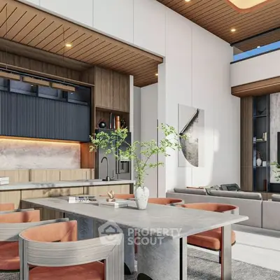 Luxurious modern living room with elegant dining area and high ceilings.