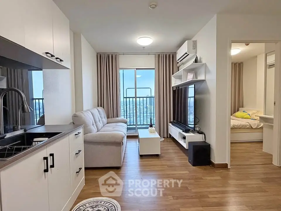 Modern apartment living room with city view and cozy bedroom