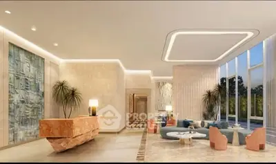 Luxurious modern living room with elegant decor and large windows offering scenic views.