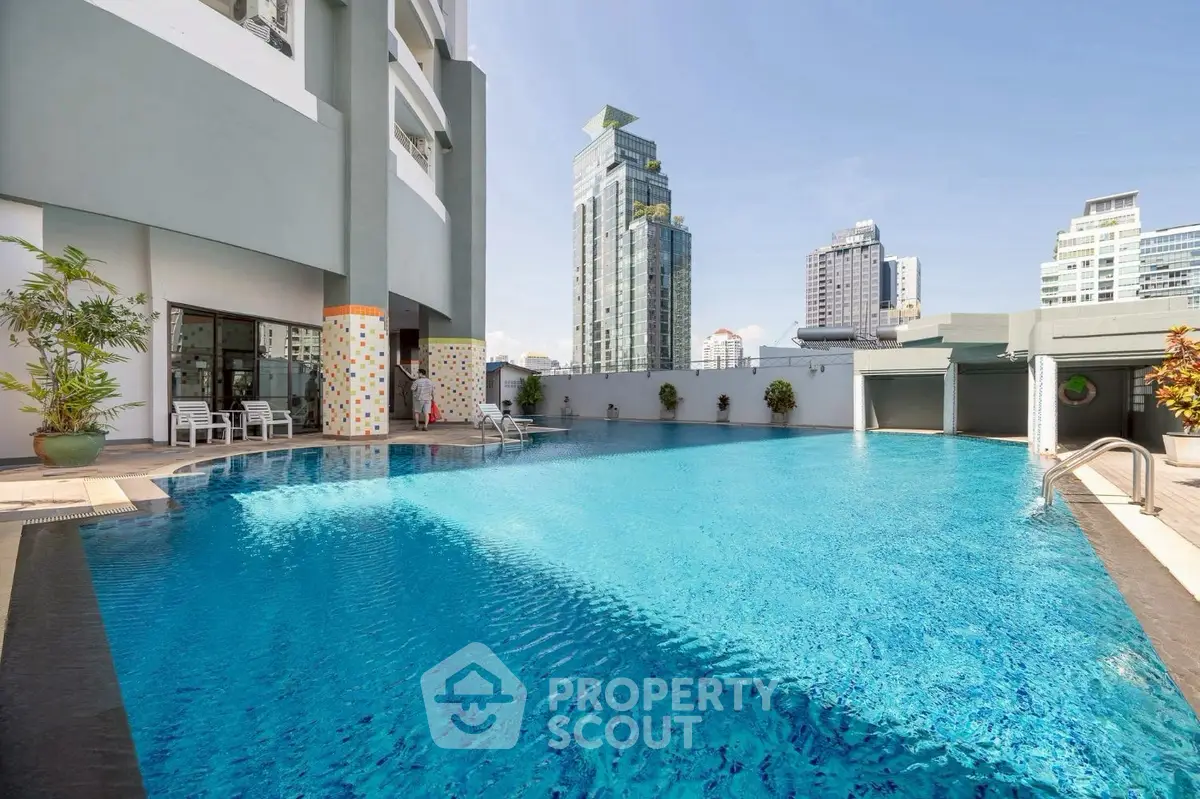 Luxurious rooftop pool with stunning cityscape views in modern high-rise building.