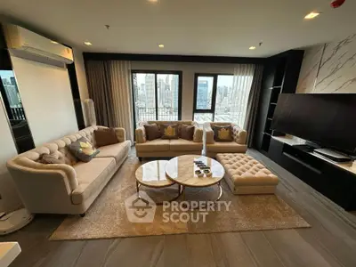 Luxurious living room with stunning city view, elegant furniture, and modern decor in high-rise apartment.