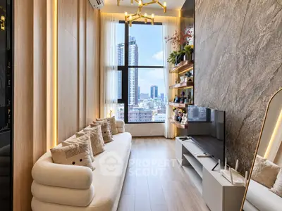Luxurious modern living room with stunning city view and elegant decor