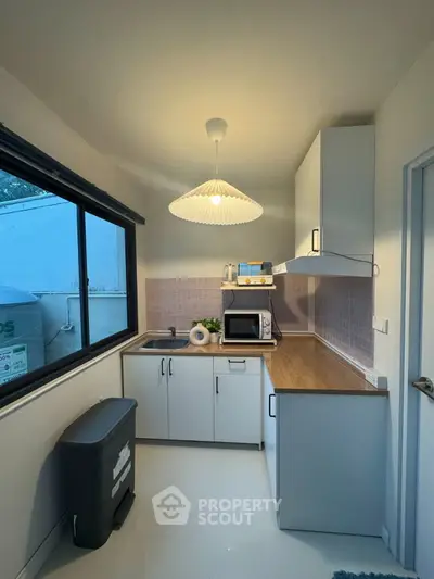 Charming compact kitchen with modern appliances and ample natural light, perfect for efficient cooking and cozy dining.