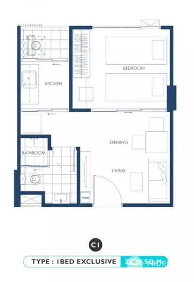 Modern 1-bedroom apartment floor plan with efficient layout and stylish design, perfect for urban living.