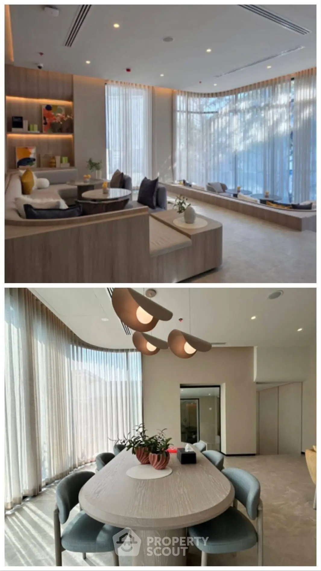 Luxurious modern living room with elegant decor and large windows offering natural light.