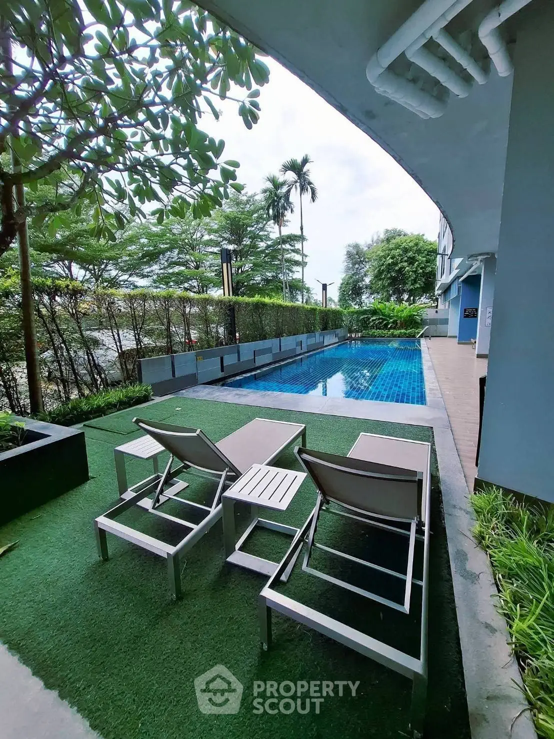 Luxurious outdoor pool area with lounge chairs and lush greenery, perfect for relaxation and leisure.