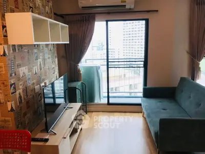 Modern living room with balcony view in urban apartment