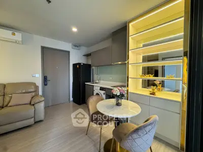 Modern apartment interior with cozy living area and stylish kitchen