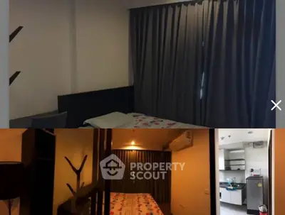 Cozy bedroom with modern kitchen in a stylish apartment, featuring elegant curtains and contemporary design.