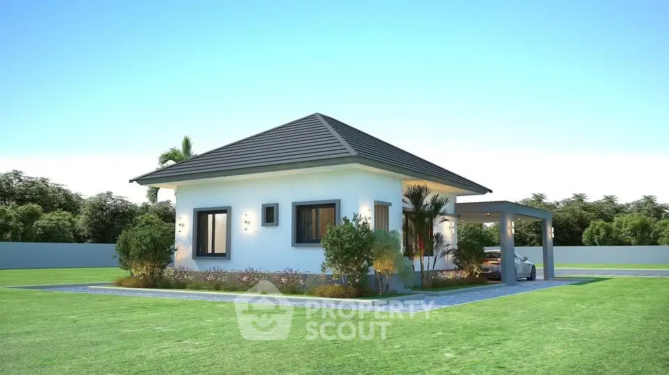 Charming single-story home with modern design and lush green lawn, perfect for serene living.