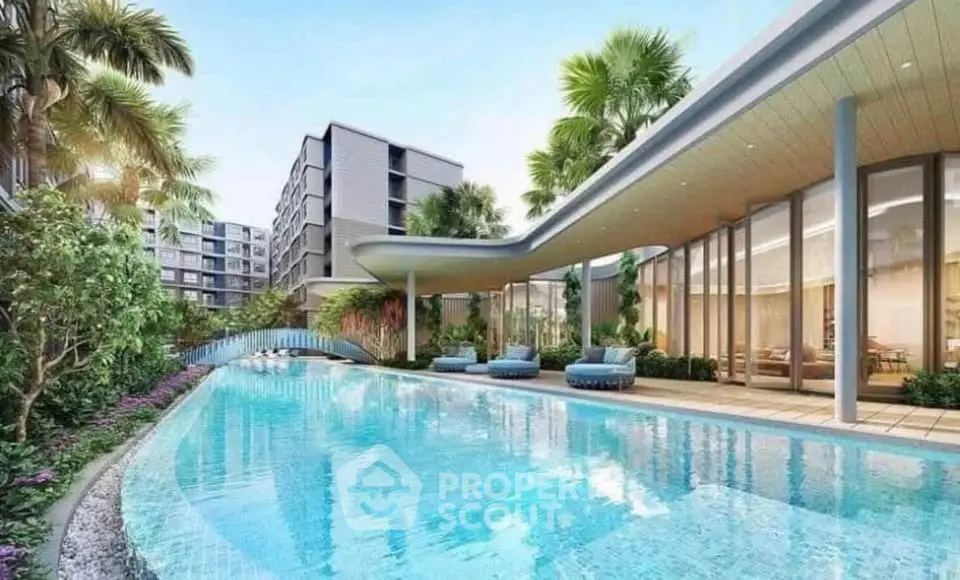 Luxurious modern apartment complex with stunning pool and lush landscaping.