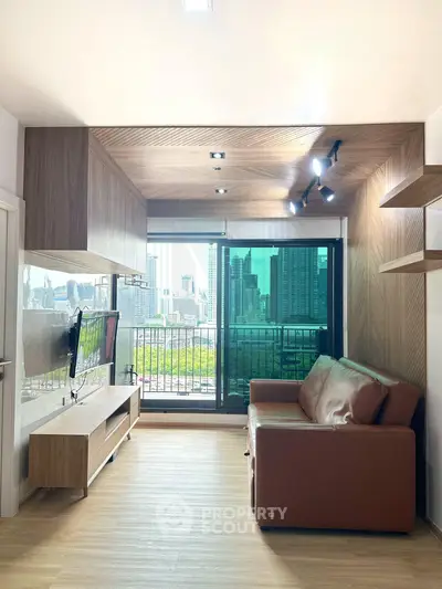 Modern living room with city view and stylish wooden decor
