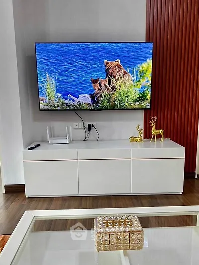 Modern living room with sleek TV setup and elegant decor