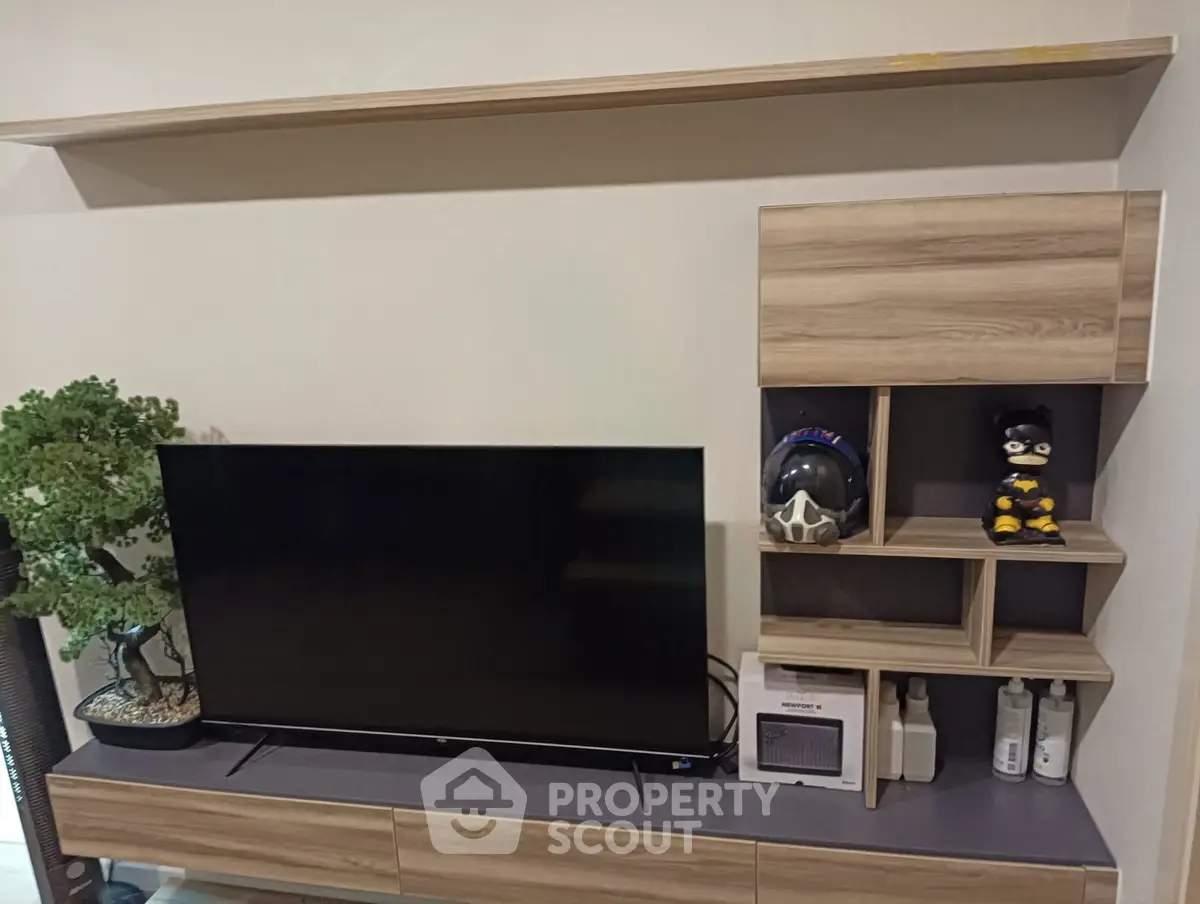 Modern living room with sleek TV unit and stylish shelving