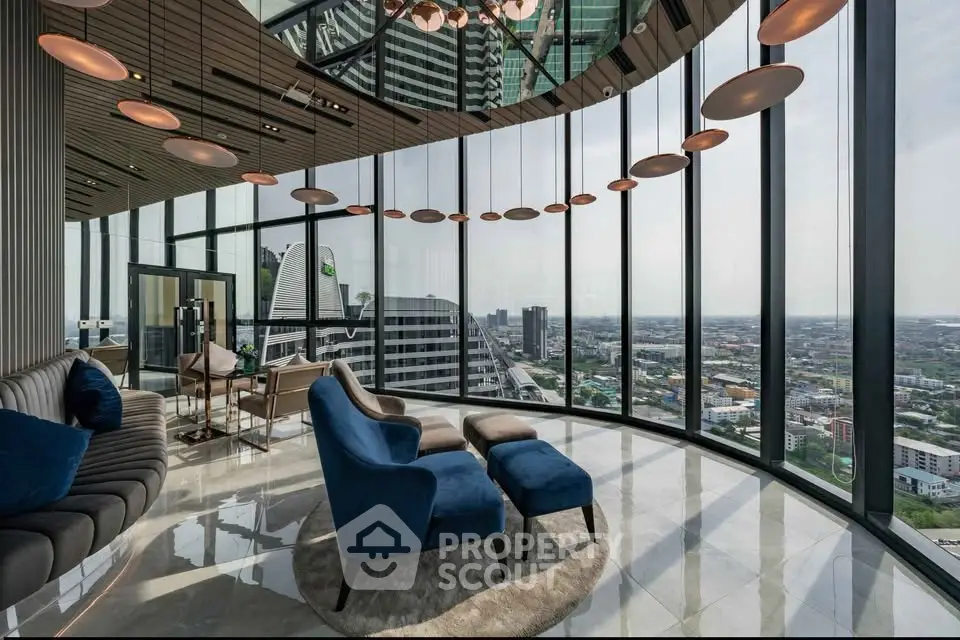 Luxurious high-rise living room with panoramic city views and modern decor