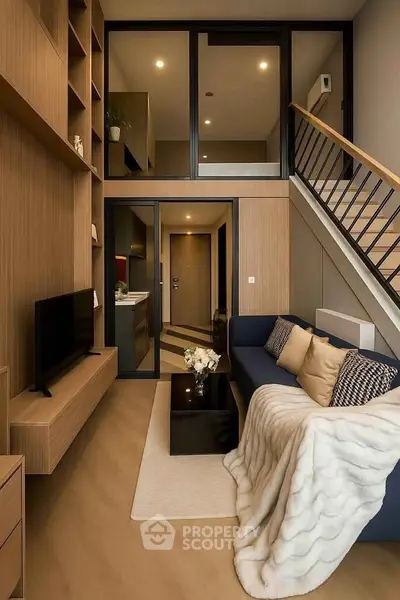 Modern duplex living room with stylish decor and open layout