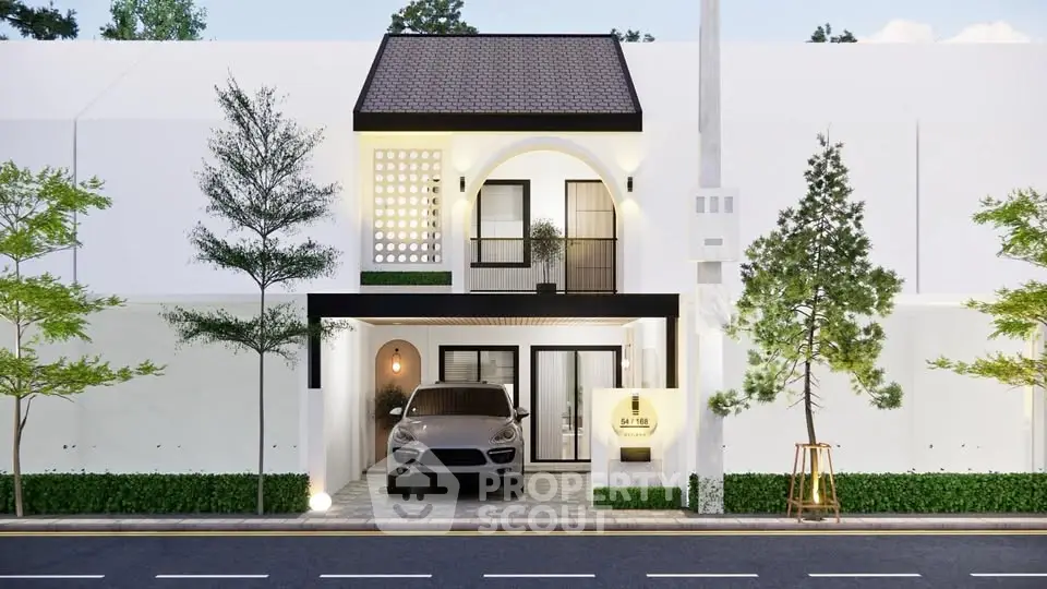 Modern two-story house with carport and stylish facade in a serene neighborhood.