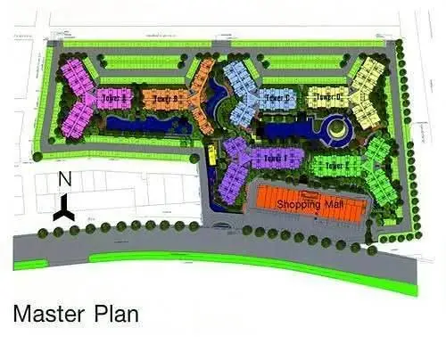 Colorful master plan of residential complex with shopping mall and green spaces.
