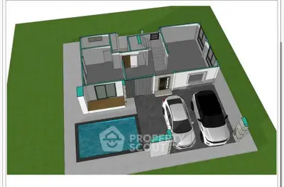 Modern architectural 3D render of a house with pool and parking space, showcasing sleek design and efficient layout.