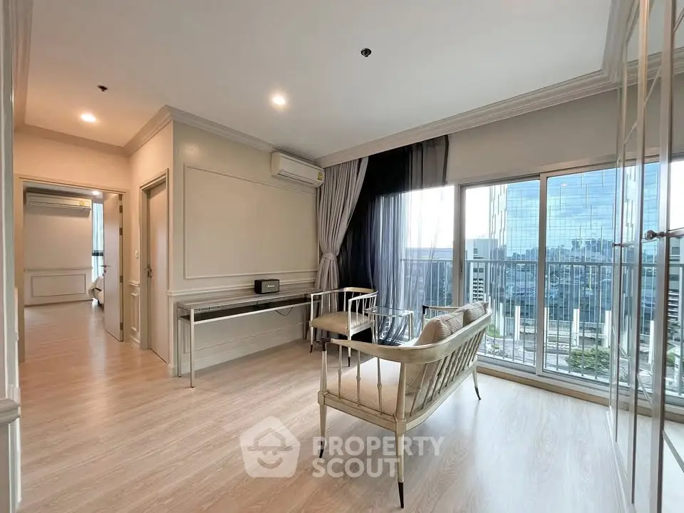 Modern living room with city view and elegant decor