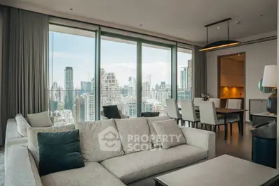Luxurious living room with panoramic city view and modern furnishings